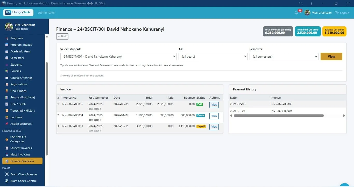 Education Platform finance screen listing student invoices, payments, balances and status for a demonstration institution